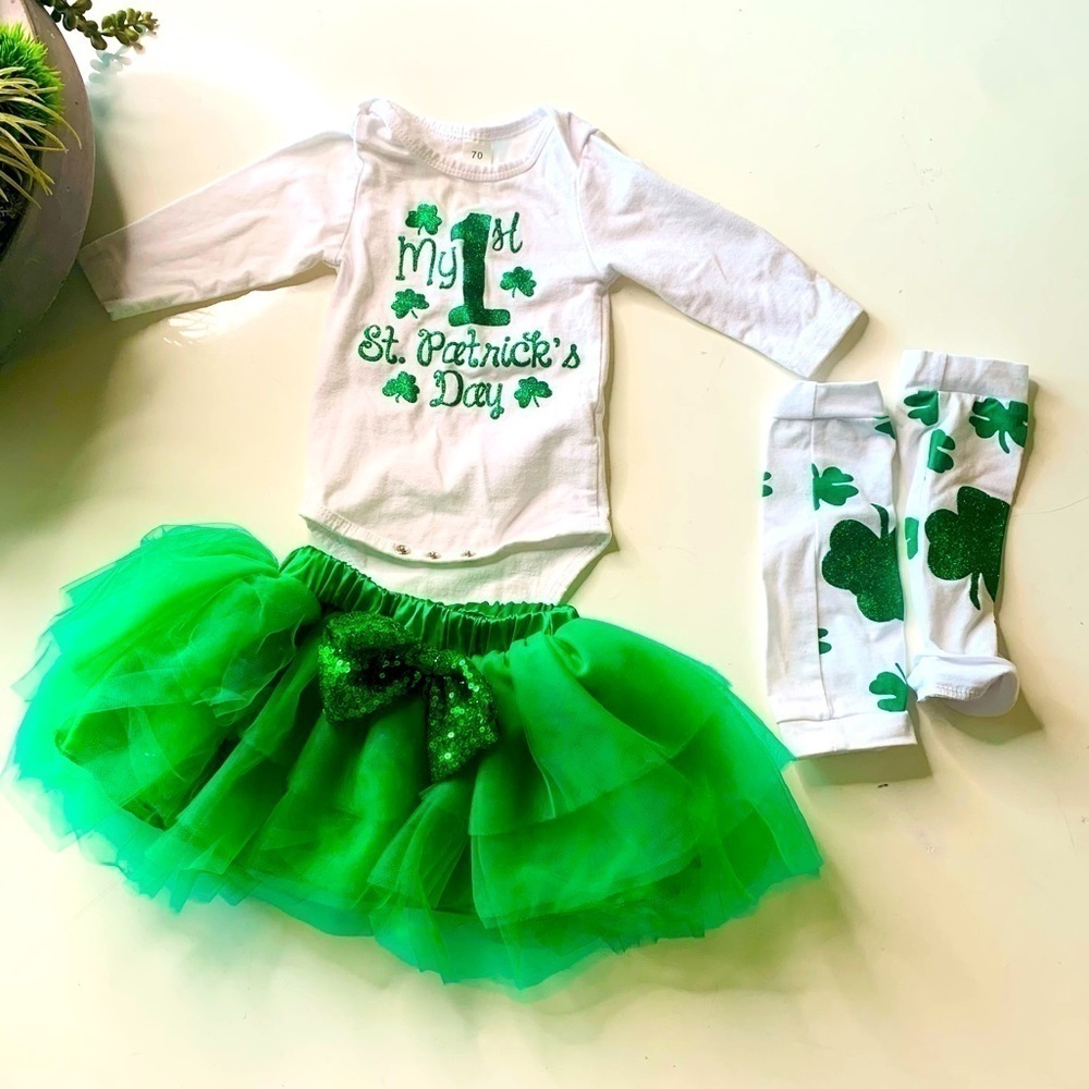 My first St Patrick’s Day green tutu bodysuit leg piece costume set photo outfit